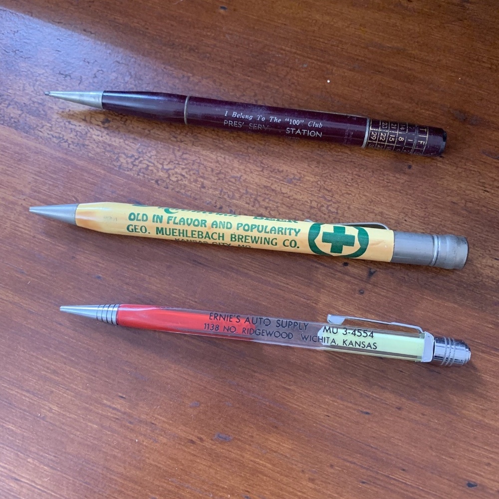 Vintage Mechanical Pencil Lot Kansas ads Auto Supply Beer Perpetual Calender